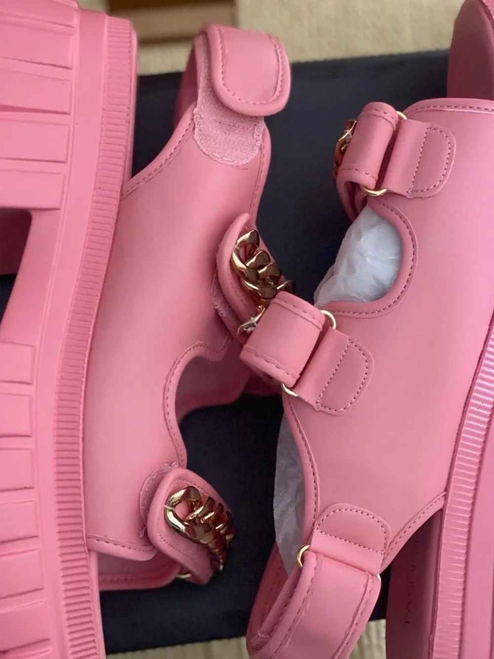 Fashion Nova Pink Platform Sandals with Gold Chain Trim